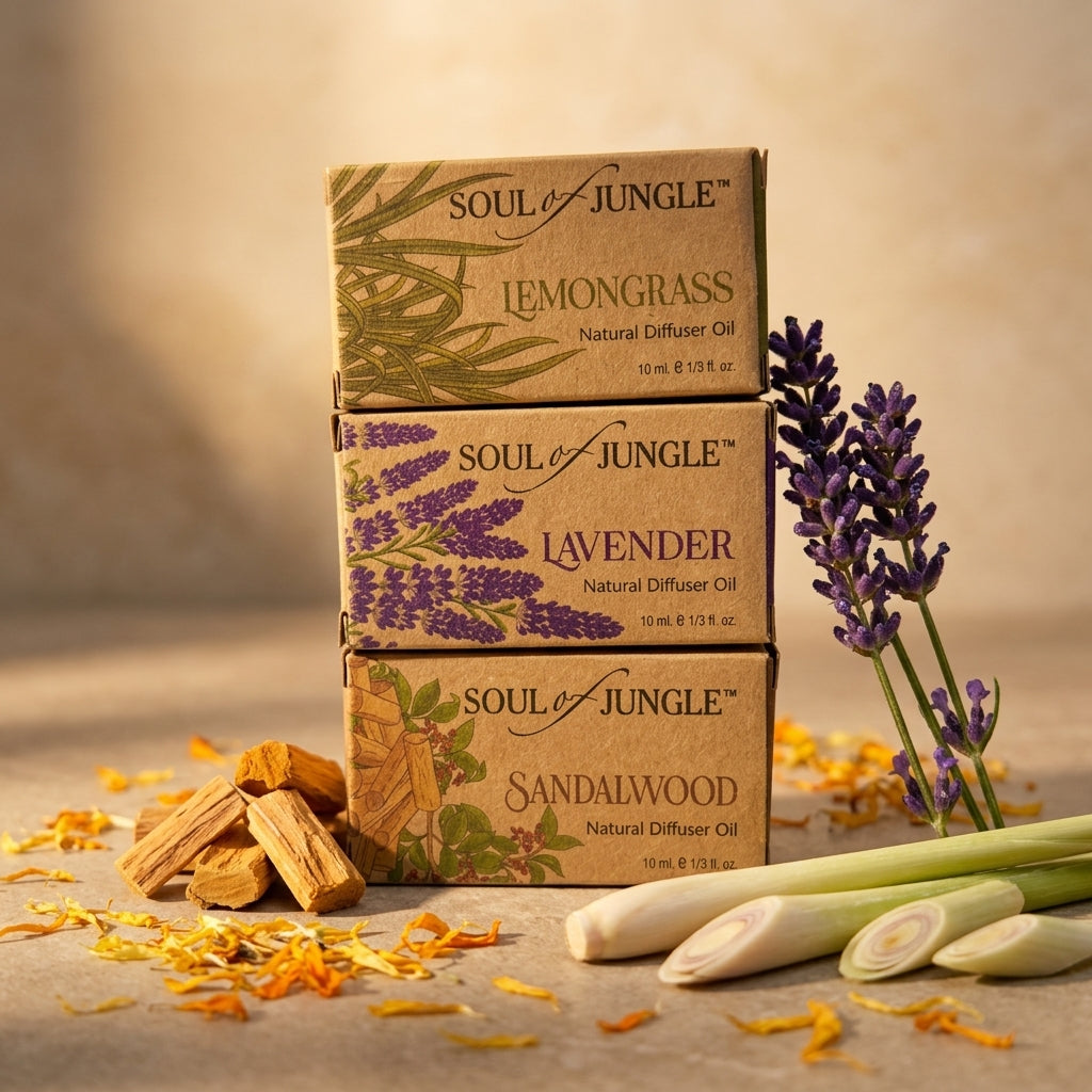 Soul of Jungle Natural Diffuser Oil Gift Set – Sandalwood, Lavender & Lemongrass (10ml Each)
